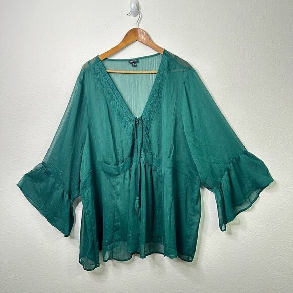 Torrid Green Semi Sheer Fairy Green Bell Sleeve V Neck Tassel Shimmer Top Sz 5X - Picture 1 of 15